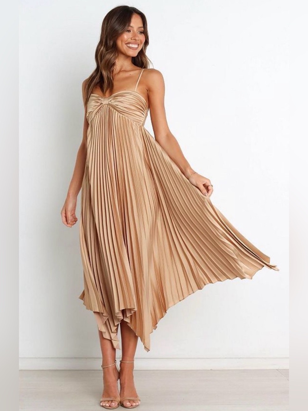 NWT sz 10 Petal & Pup Gold Vikki Dress Flowy Pleated Satin-Look